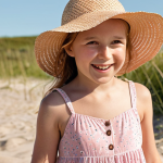 **

A young girl wearing a light pink pastel summer dress with small floral patterns, playing on a sunny beach in Sweden. She is wearing a straw sunhat and has a happy expression. The dress is made of organic cotton and has adjustable shoulder straps. Soft, diffused sunlight.

**