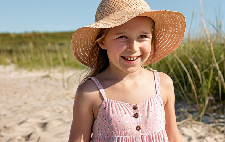 **

A young girl wearing a light pink pastel summer dress with small floral patterns, playing on a sunny beach in Sweden. She is wearing a straw sunhat and has a happy expression. The dress is made of organic cotton and has adjustable shoulder straps. Soft, diffused sunlight.

**